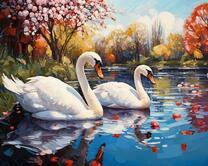 Два белых лебедя на осеннем озере