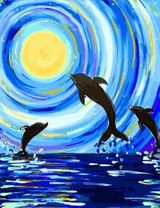 Танец дельфинов на фоне полнолуния