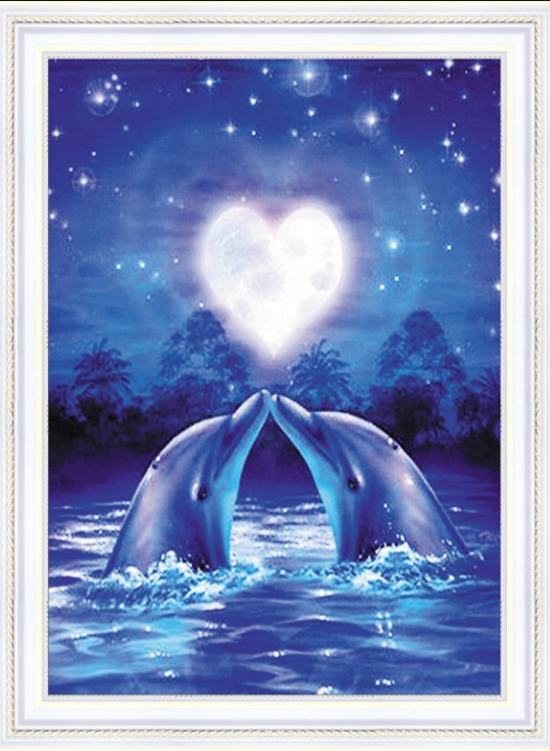 Алмазная мозаика 30x40 Влюблённые дельфины под луной в ночном небе