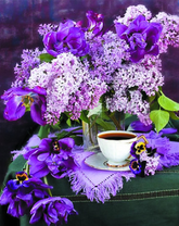 Букет сирени и фиолетовых тюльпанов