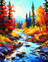 Синяя река через осенний лес