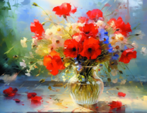 Яркий букет с маками в прозрачной вазе