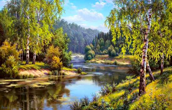 Картина по номерам 40x50 Русская река в густом лесу